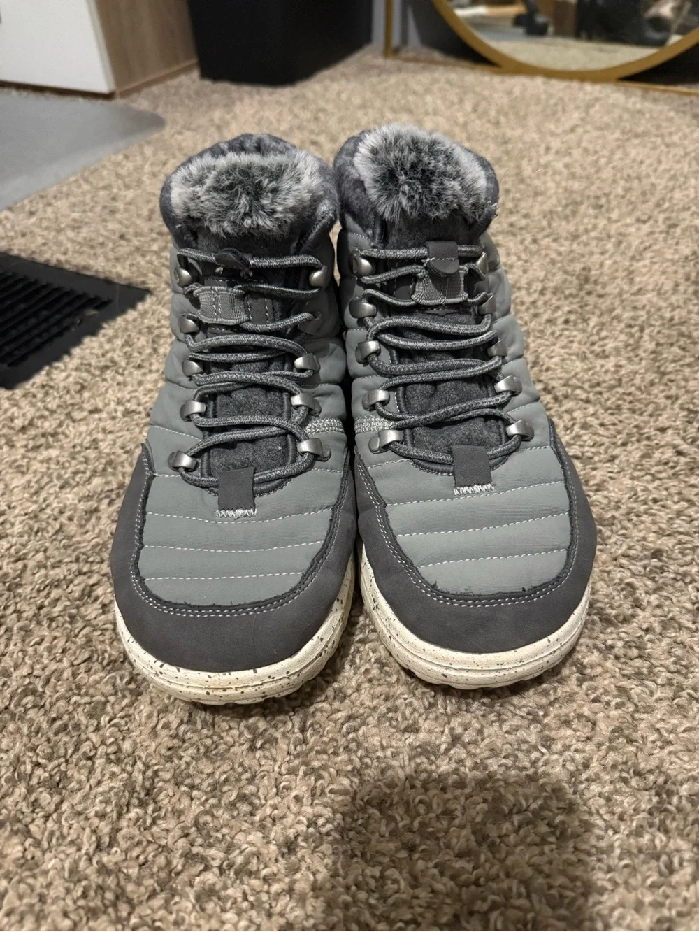 Gray Quilted Faux-Fur Trim Winter Boots